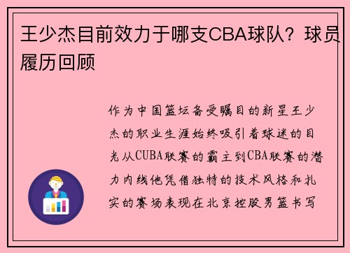 王少杰目前效力于哪支CBA球队？球员履历回顾