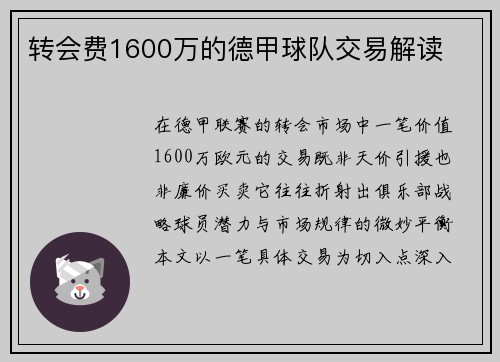 转会费1600万的德甲球队交易解读