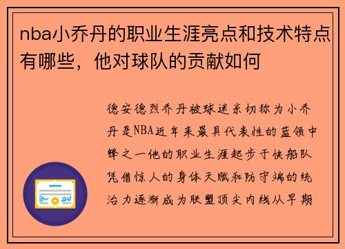 nba小乔丹的职业生涯亮点和技术特点有哪些，他对球队的贡献如何