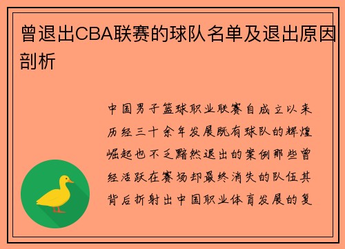 曾退出CBA联赛的球队名单及退出原因剖析